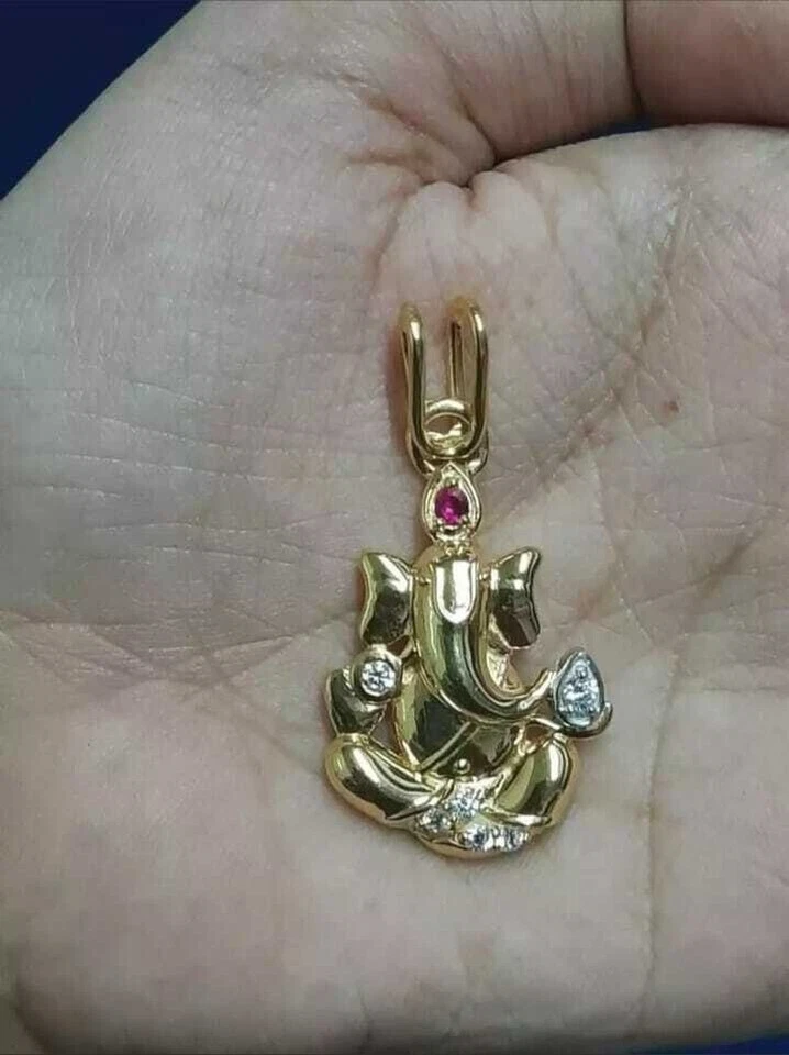 0.75Ct Round Cut Red Ruby & Diamond Ganesha Pendent 14K Yellow Gold Finish 16'' - Image 2 of 3