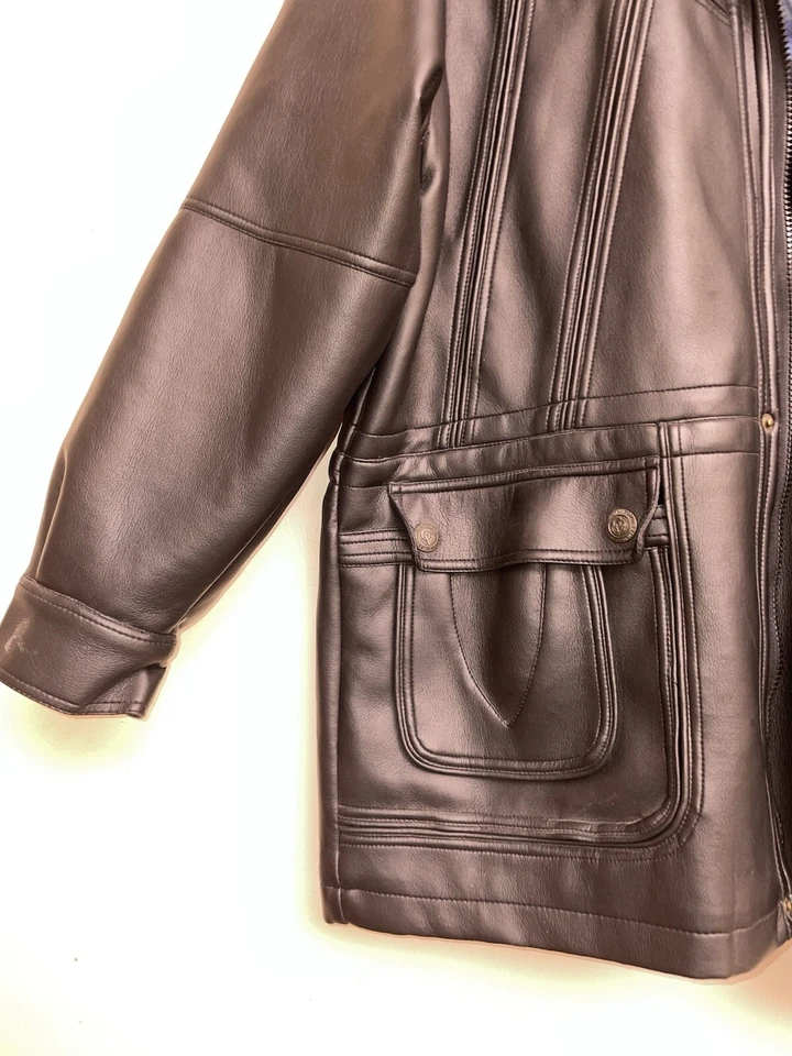 Chaqueta de Cuero Vintage Negro Botón Cremallera Cuero Abrigo Largo Para Hombre XL Foto 2 de 4