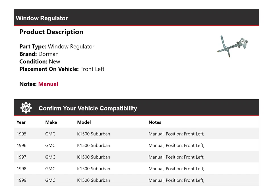 For 1995-1999 GMC K1500 Suburban Dorman Window Regulator Front Left 1996 1997 - Image 2 of 4