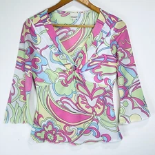 OASIS Psychedelic Sweetheart Top Womens Size 12 Retro 70s Circle Flared Sheer