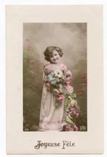 c 1910 Glamour Child Children LITTLE GIRL w/ Flowers Fashion photo postcard