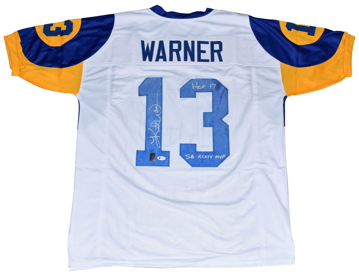 KURT WARNER SIGNED ST LOUIS RAMS #13 WHITE JERSEY W/ HOF 17 & SB