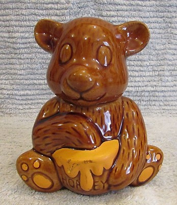 Brown Yellow Hand Painted Honey Bear Dish Old 1990's 6'' Tall Ceramic Jar FREE SH