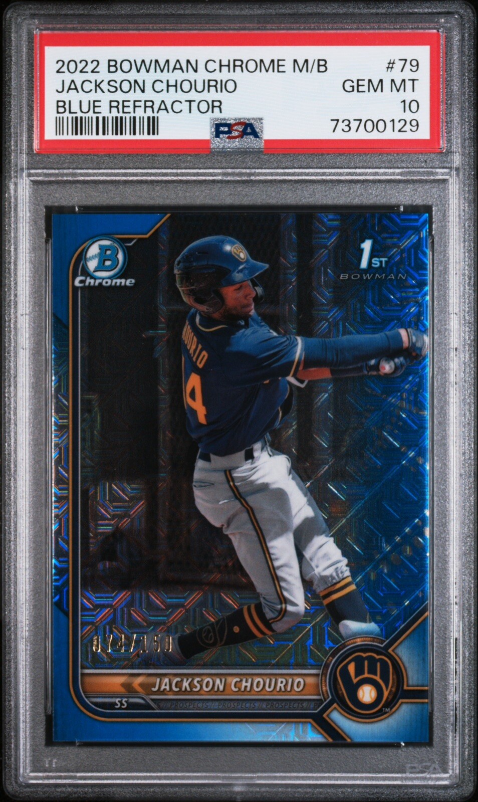 2022 Bowman Mega Jackson Chourio Blue Refractor /150 1st Rookie PSA 10 Brewers