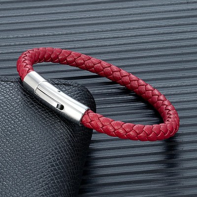 Braided Leather Bracelet Men Red Tone Stainless Steel Round