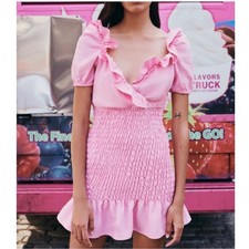 Zara Mini Dress Ruffle Smocked Linen Blend Barbiecore Womens XS Pink