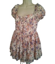 Cider Mini Dress Womens Medium 8 10 Floral Lace Milkmaid Corset Patch Work Puff