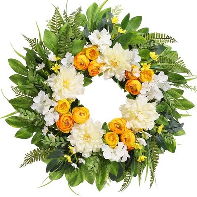Summer Wreath for Front Door, 24 Inch Summer Wreath Floral with Peony Ranuncu...