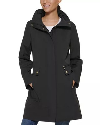 Cole Haan | Women's Medium| Black Rain Jacket Tie Waist in Back Hide-Away Hood