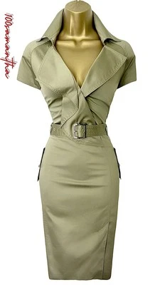 Karen Millen Size UK 12 SAFARI TRENCH BELTED COTTON SHIRT DRESS KHAKI GREEN - Image 1 of 4