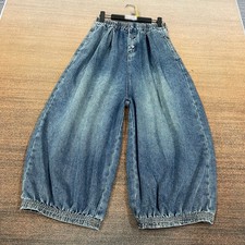 Casual Womens Denim Wide Leg Pants Elastic Waist Loose Jeans Retro Trousers