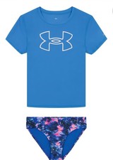 NWT UNDER ARMOUR 2 pc Blue s/s Rashguard Logo SWIM SUIT Girl size 5/6 UPF 50