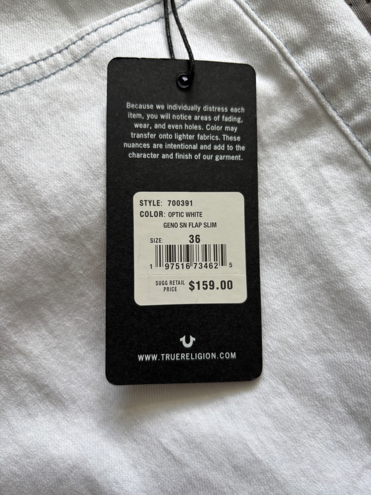 True Religion Men's Geno Relaxed Slim Jeans Sz 36X32 Optic White Flap Pocket NWT