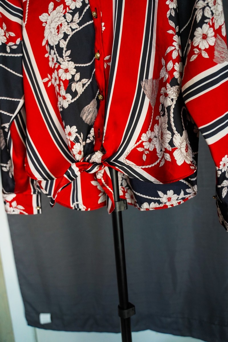 River Island Red And Black Floral Tie-Front Shirt Women's Size 10 View 6