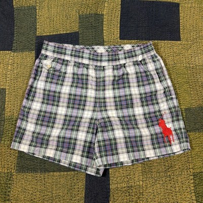 Vtg Ralph Lauren Polo Swim Shorts Men Large Green Beige Plaid Big Pony Y2K Pool