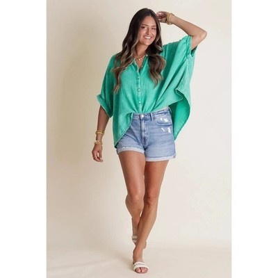 ZENANA Green Cotton Gauze Button Down Oversized Shirt Top QTW-1389A L/XL