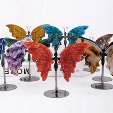 Natural Crystal Butterfly Wings Carved Stone Healing Reiki Decor Ornament+Stand