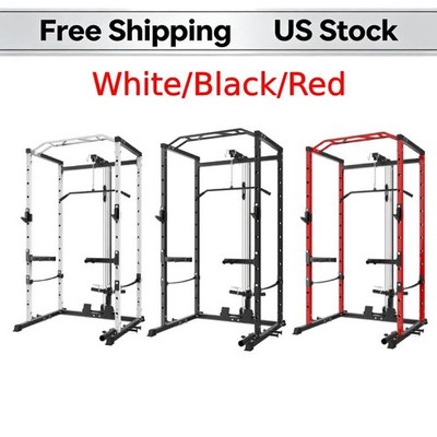 Squat Rack Power Cage LAT Pulldown Cable Pulley J-Hooks Dip Bars Landmine Home