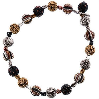 Ball Tin Copper Brass-tone Black Glass Seed Beads Long Necklace, 22''