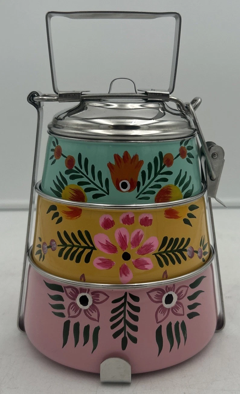 World Market 3 Tier Hand Painted Multi-Color Tiffin Stainless Steel Canister Set