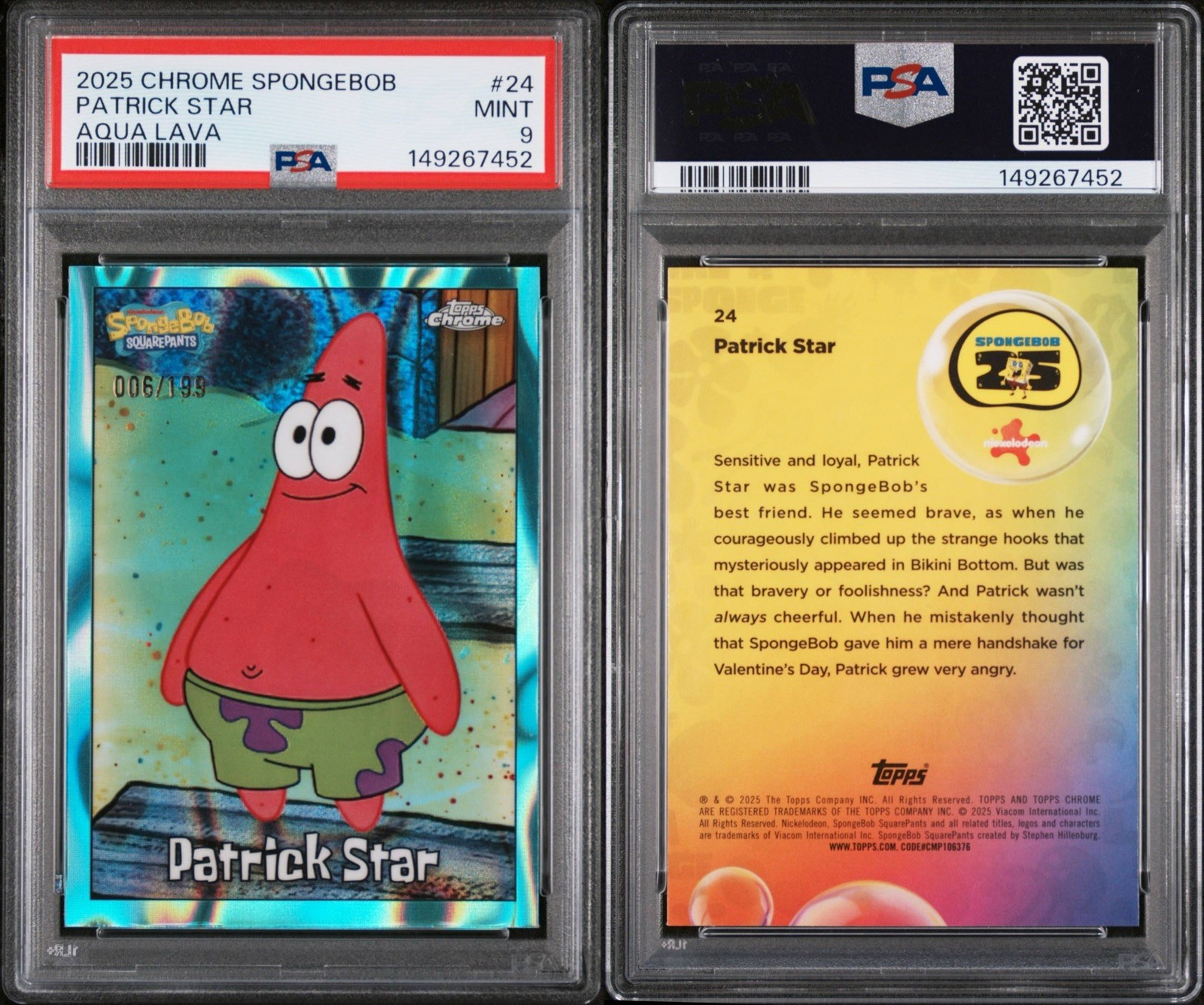 2025 SpongeBob Topps Chrome Patrick Star Aqua Lava /199 #24 SP PSA 9 view 3
