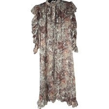 FARROW Sheer Floral Print Maxi Dress Pleated Neck Gathered Sleeve Women Size M