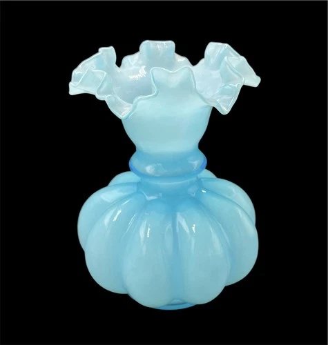 Vintage Fenton Blue Overlay Art Glass Melon Base Vase Crimped Ruffled Edge 8"
