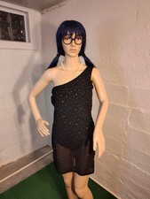 Shein Black One Shoulder Sheer Sequin Diamonds Over-lay Dress Bodysuit Size L