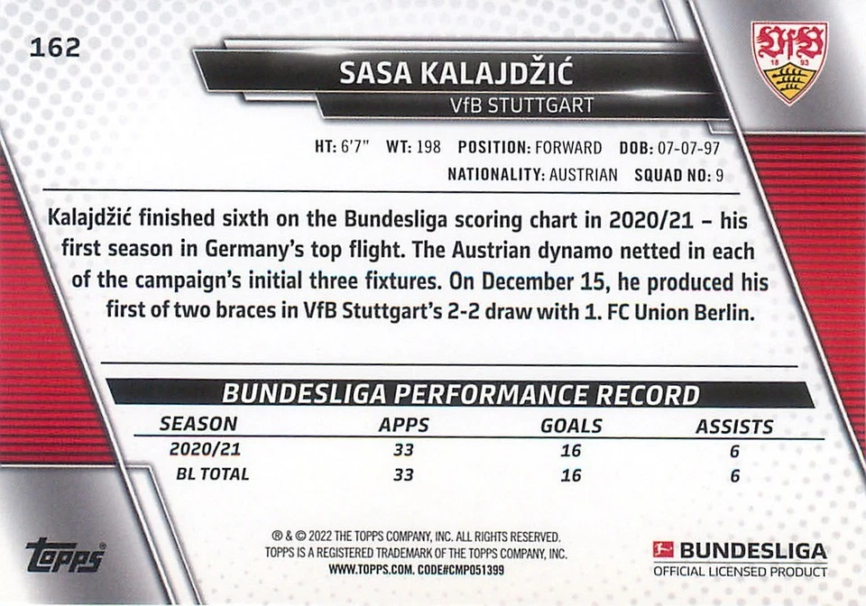 2021-22 Topps Bundesliga - Sasa Kalajdzic #162 (RC) - Image 2 of 2