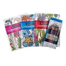 Relax & Color Adult Coloring Book 3 Pack with 24 pc Colored Pencil Set