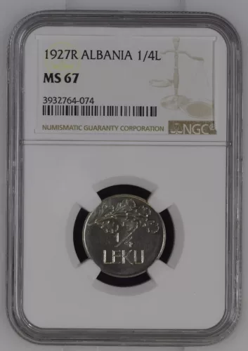 1927R Albania 1/4L Leku NGC MS 67 *TOP POP* (Oak Branch/Lion) SHQIPNI