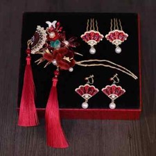Chinese Style Red Tassel Headdress Bride's Ancient Style Hair Accessories Set