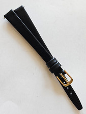 10mm / Long - Black Genuine Leather Watch Band - Gold Buckle / Pins Included