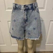 Umgee Star Print High Waisted Denim Shorts Distressed Fray AcidWash Size 9 NWT s