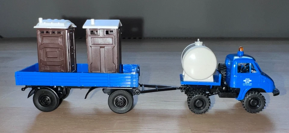 Brekina 39105 Unimog 411 mit Anhänger und Beladung NEU & OVP