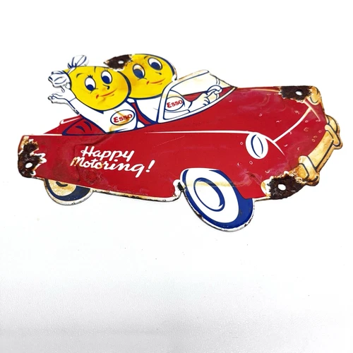 Esso Happy Motoring Oil Drop Couple - Vintage Porcelain Sign - Service Station