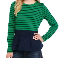 Crown & Ivy NWT Green Navy Striped Peplum Ruffle Hem Long Sleeve Top Size L