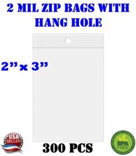 300 - 2" x 3" Zip Seal Reclosable 2Mil Plastic Top Lock Bags Hang Hole Jewelry