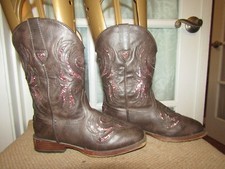 Girl's Roper Brown Pink Glitter Inlay Western Square Toe Boots Size 3
