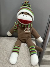Sock Monkey by Dan Dee 24" Plush Brown Colorful Striped Hat Scarf Socks in VGC