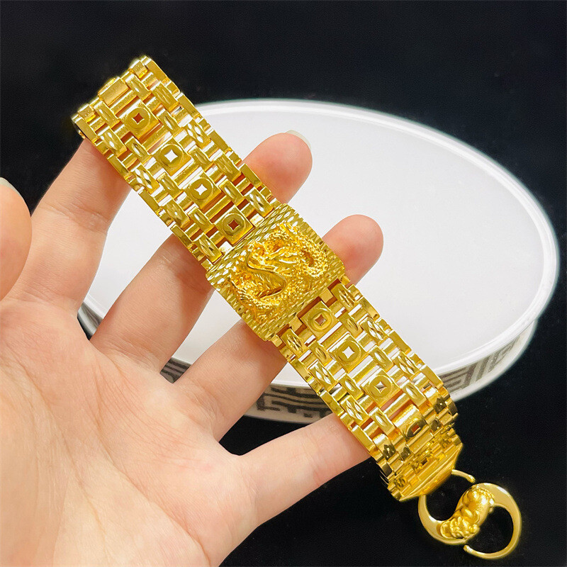 Cool Men's Jewelry 24K Yellow Gold Plated Wide Dragon Chains Bracelet 27mm 