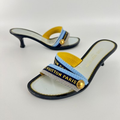 Louis Vuitton | Auth Baby Blue Black Canvas Strappy Sandal Kitten Mules (34.5)