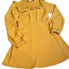Zara Woman Mustard Yellow Frill Ruffle Long Sleeve A-Line Crepe Dress XS 147