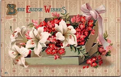 Best Easter Wishes Lilies Flowers Box Bow Postcard