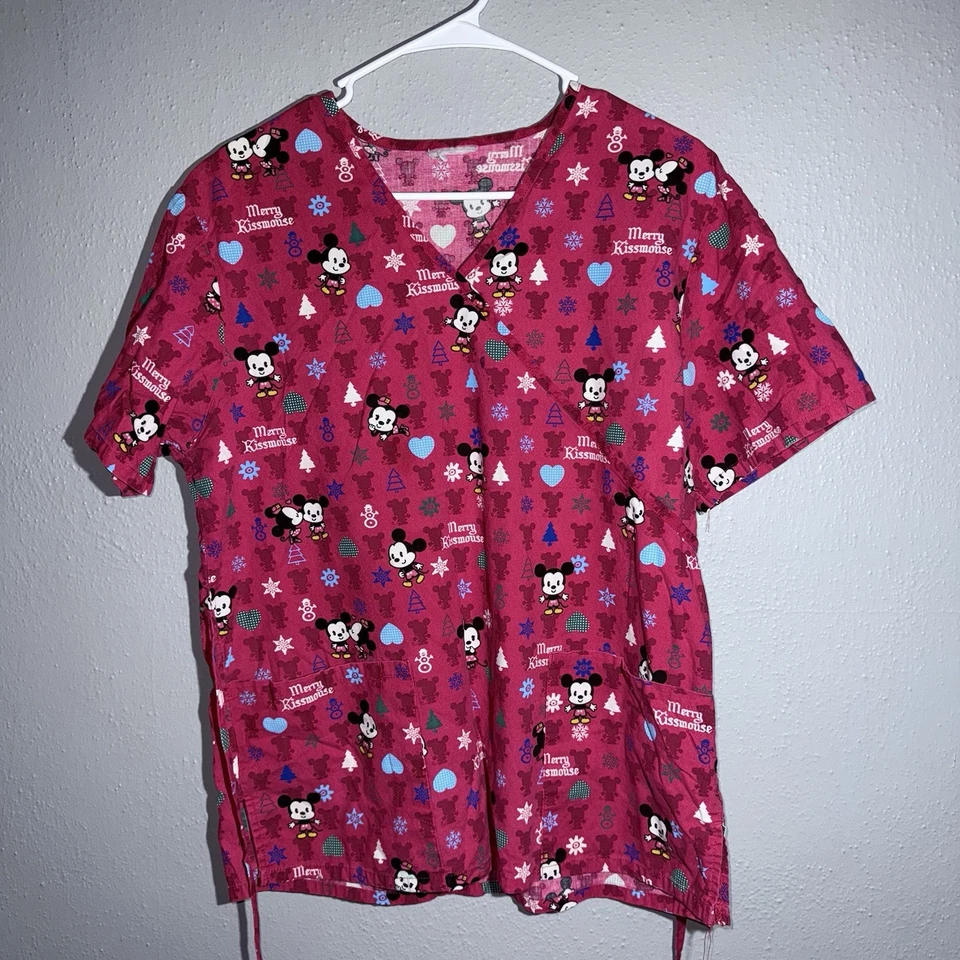 Disney Cuties Mickey Minnie Mouse "Merry Kissmouse" Medical Uniform Scrub Top M - Image 2 of 4