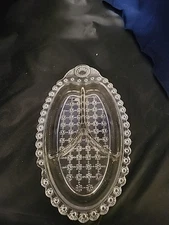 VTG~CLEAR PRESSED GLASS~EMBOSSED FLOWER DESIGN~3 PART OVAL RELISH DISH DWK