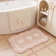 Pink Bathroom Rug 16x24 Inch Scalloped Edge NonSlip Blush Heart Absorbent Mat