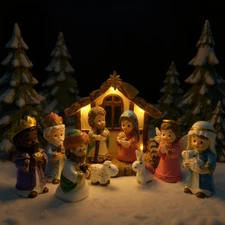 12Pc Kids Nativity Set LED Lights Little Figures Christian Christmas Indoor Deco