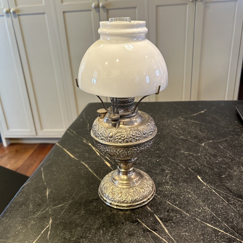 Spectacular Vintage “Miller Lamp” Embossed Kerosene Lamp Base W 6” Shade
