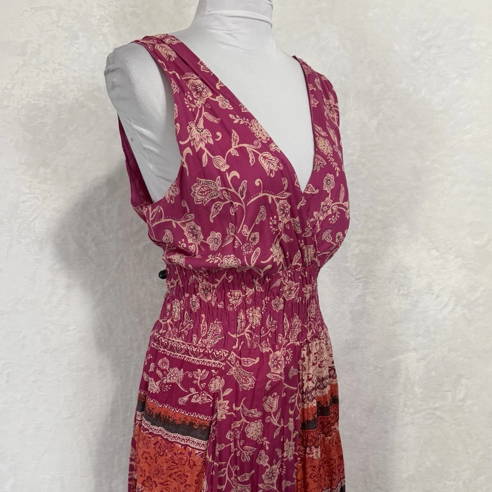 Y2K Jane Ashley Boho Floral Maxi Dress Size 1X Smocked Waist Hippie Pink Cotton - Image 2 of 4